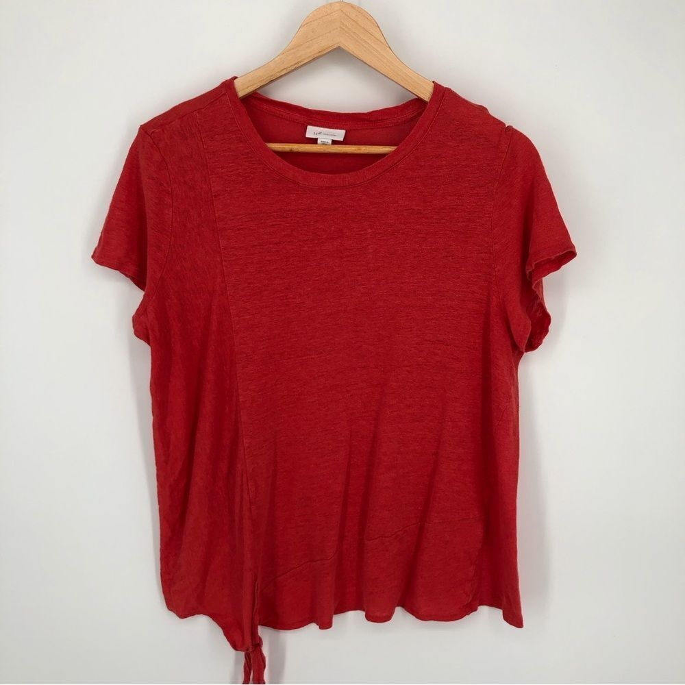 J. Jill Love Linen‎ Tee Womens Large Red Orange Tie Waist Short Sleeve Seamed